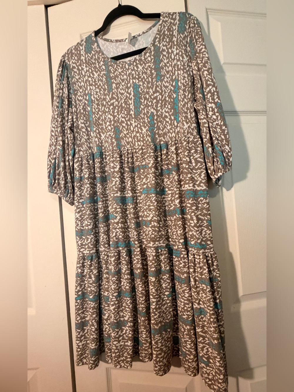 Tiered Grey and Teal Printed Women's Dress